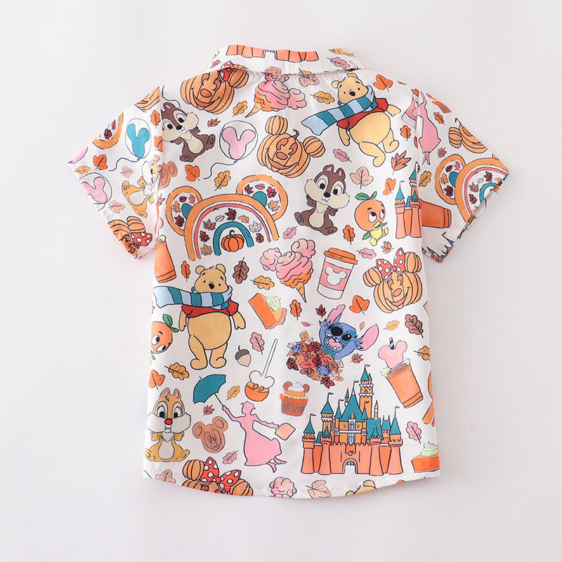 (In Stock Q09-05-02)Boy's Halloween Fall Cartoon Pumpkin Print Button T-shirt