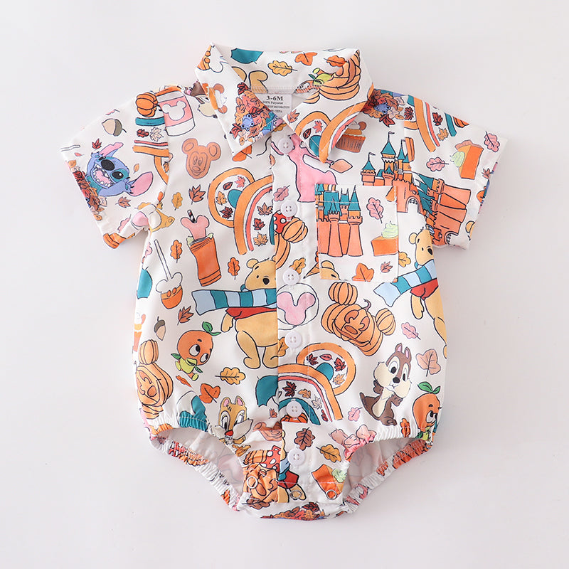 (In Stock Q09-05-02)Boy's Halloween Fall Cartoon Pumpkin Print Button Romper