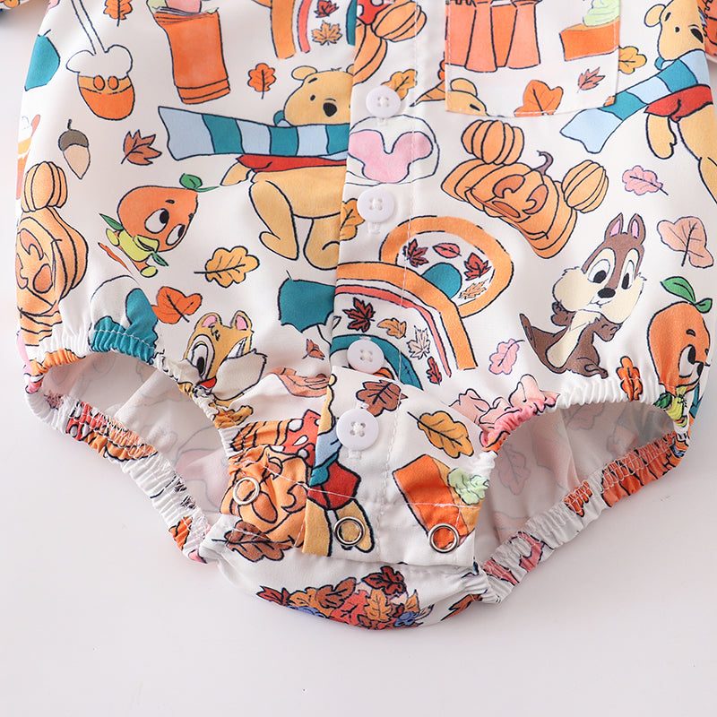 (In Stock Q09-05-02)Boy's Halloween Fall Cartoon Pumpkin Print Button Romper