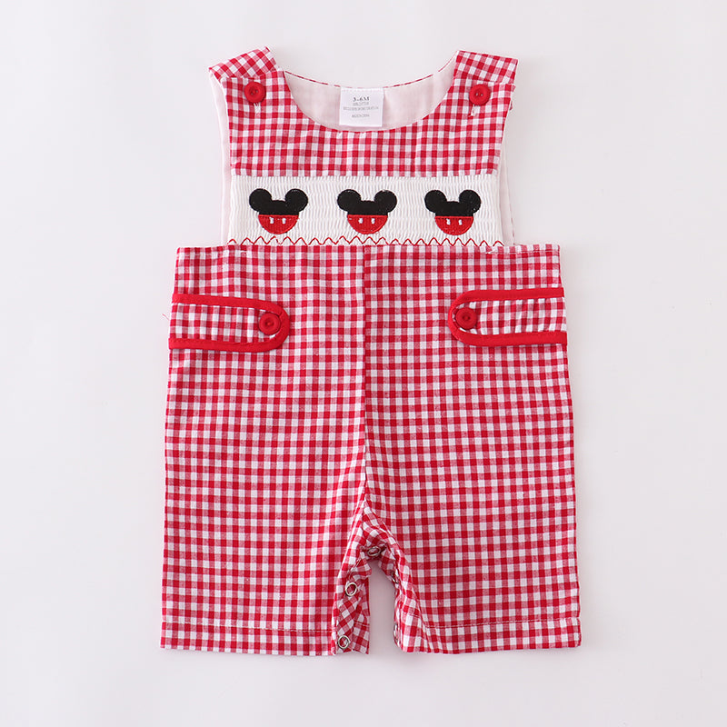 (In Stock Q09-05-02)Boys Woven Gingham Mickey Embroidered Smocked Romper