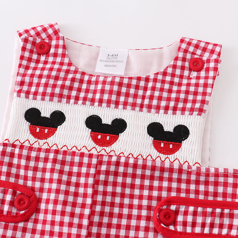 (In Stock Q09-05-02)Boys Woven Gingham Mickey Embroidered Smocked Romper