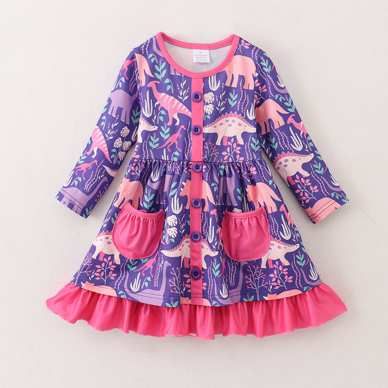 （In Stock G25-04-01）Girls Purple Dinosaur Print Dress