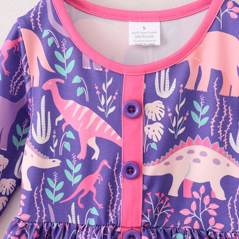 （In Stock G25-04-01）Girls Purple Dinosaur Print Dress