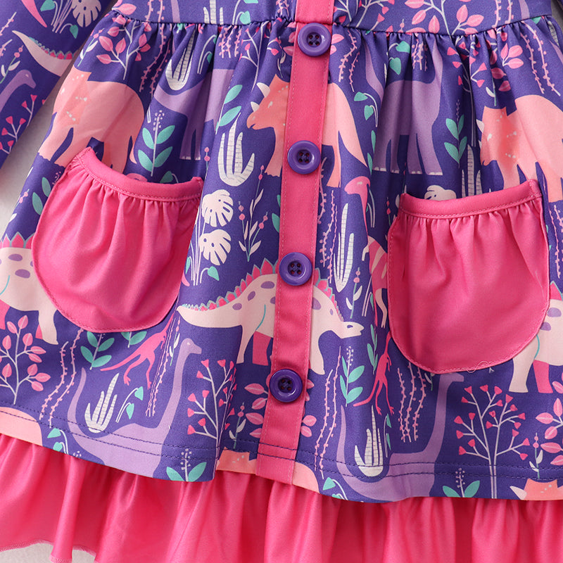 （In Stock G25-04-01）Girls Purple Dinosaur Print Dress