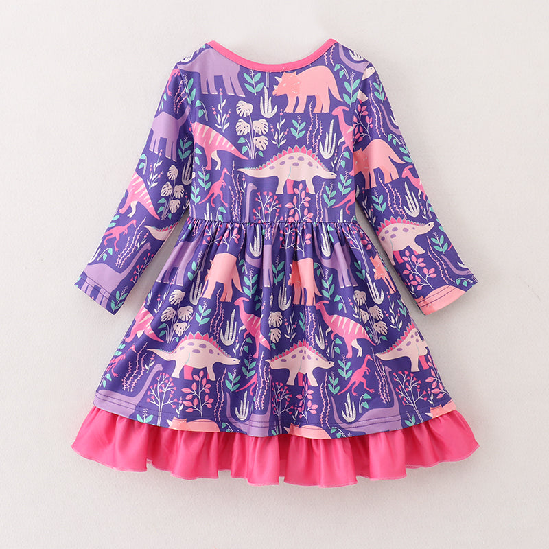 （In Stock G25-04-01）Girls Purple Dinosaur Print Dress