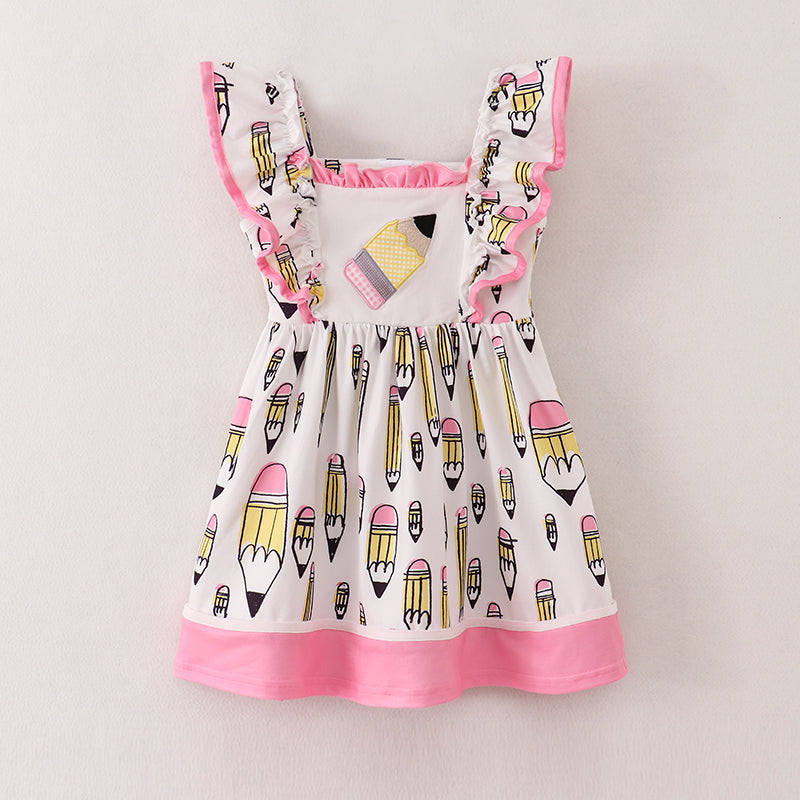 (In Stock E11-05-03)Back To School Pink Pencil Embroidery Girls Dress