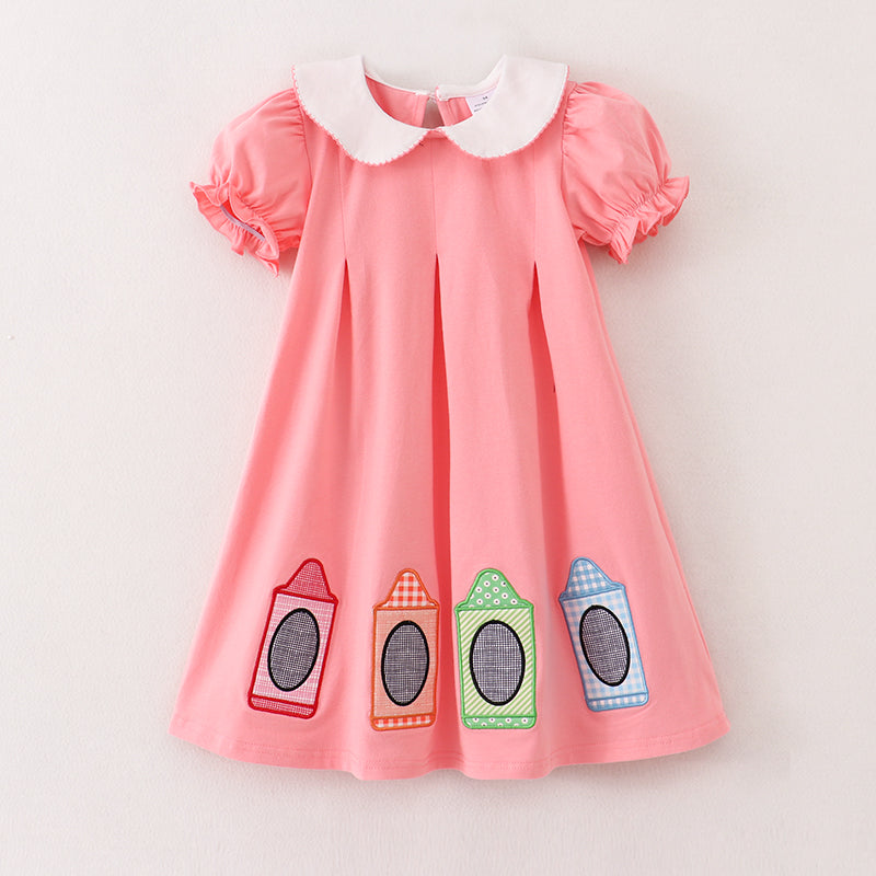 (In Stock E11-04-03)Back To School Coral Crayon Embroidery Cotton Dress