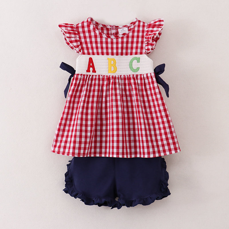 (In Stock E11-04-03)Back To School Woven Plaid ABC Embroidery Short Set