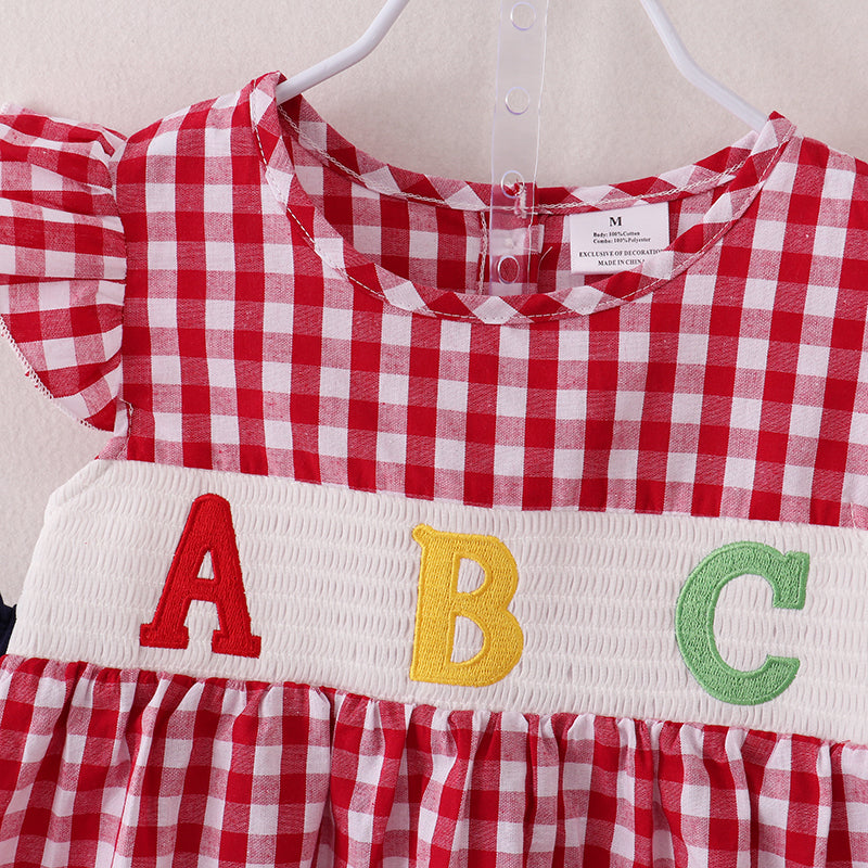 (In Stock E11-04-03)Back To School Woven Plaid ABC Embroidery Short Set