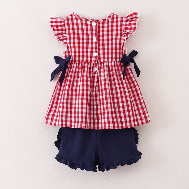 (In Stock E11-04-03)Back To School Woven Plaid ABC Embroidery Short Set