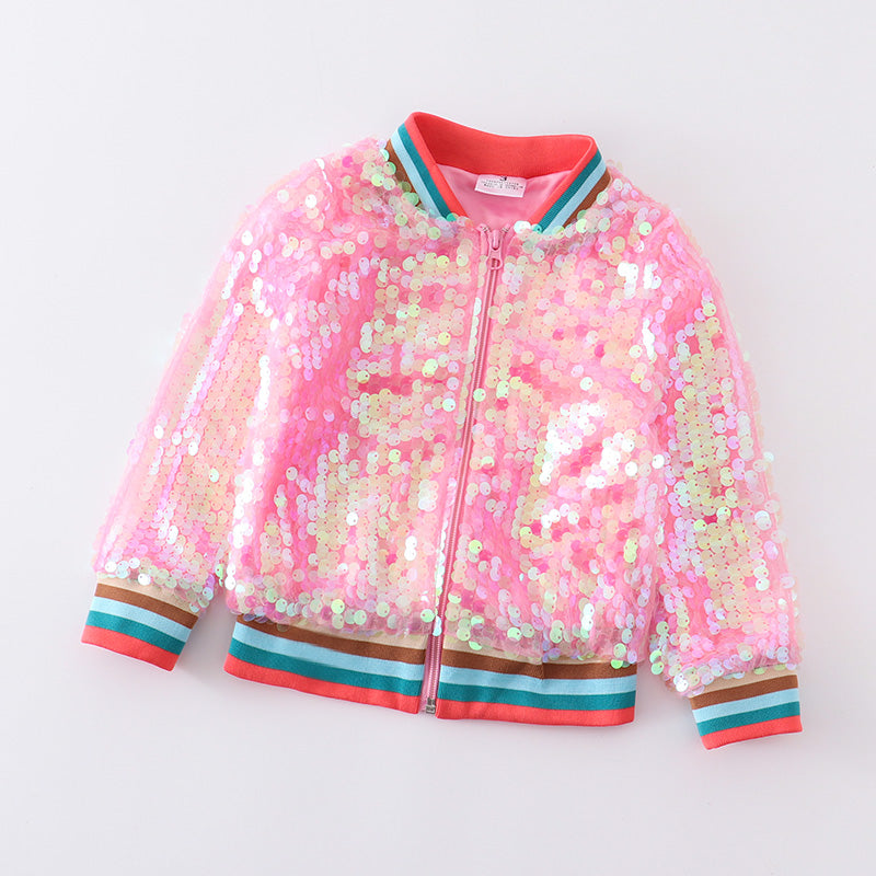 (In Stock E28-4-2)Girls Iridescent Pink Sequin Bomber Jacket