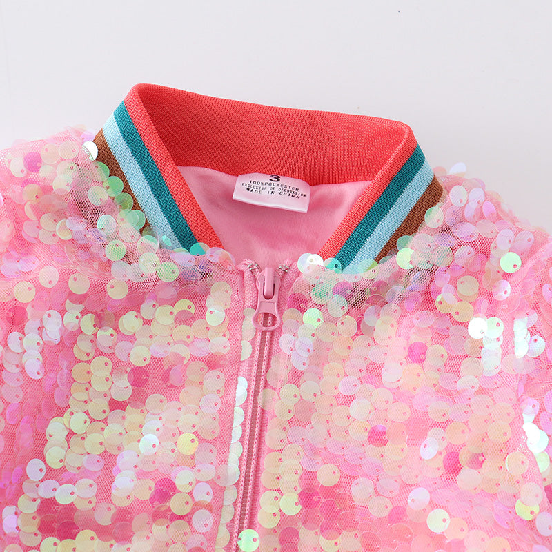 (In Stock E28-4-2)Girls Iridescent Pink Sequin Bomber Jacket