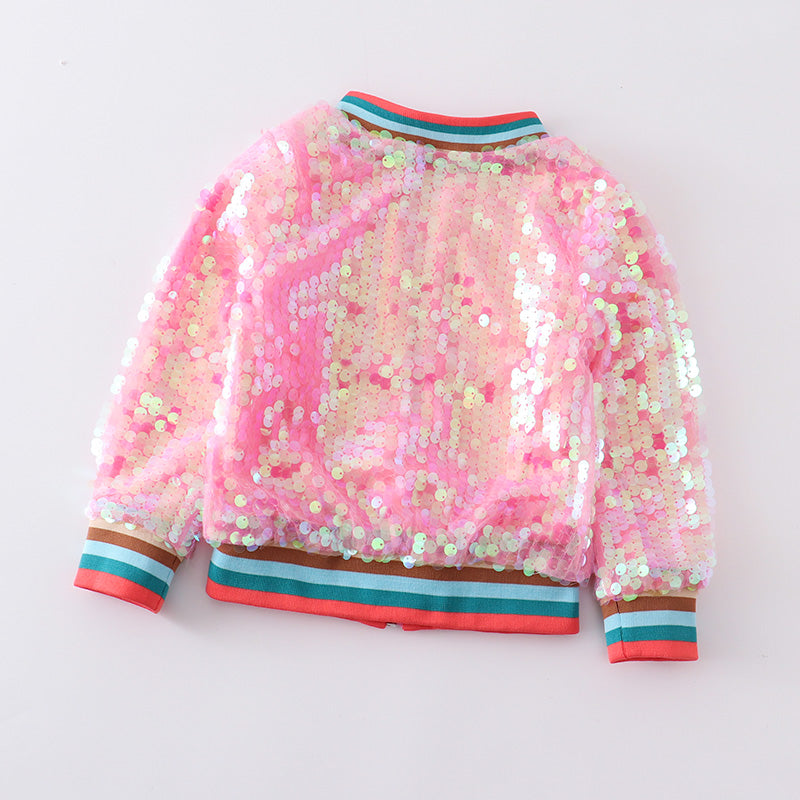 (In Stock E28-4-2)Girls Iridescent Pink Sequin Bomber Jacket