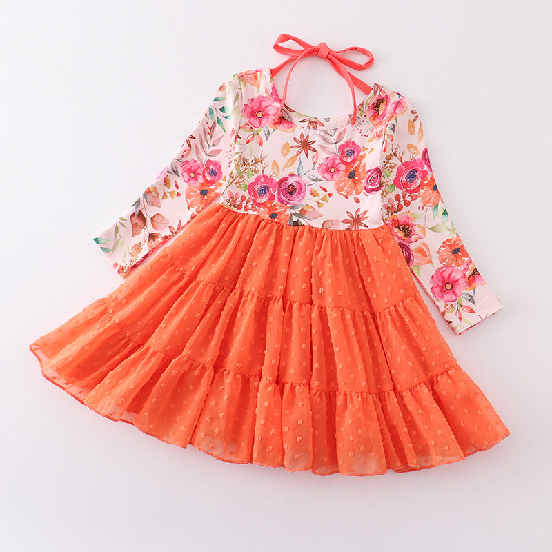 (In Stock E2-6-1)Fall Girls Dress Swiss Dot Floral Tutu Skirt Dress