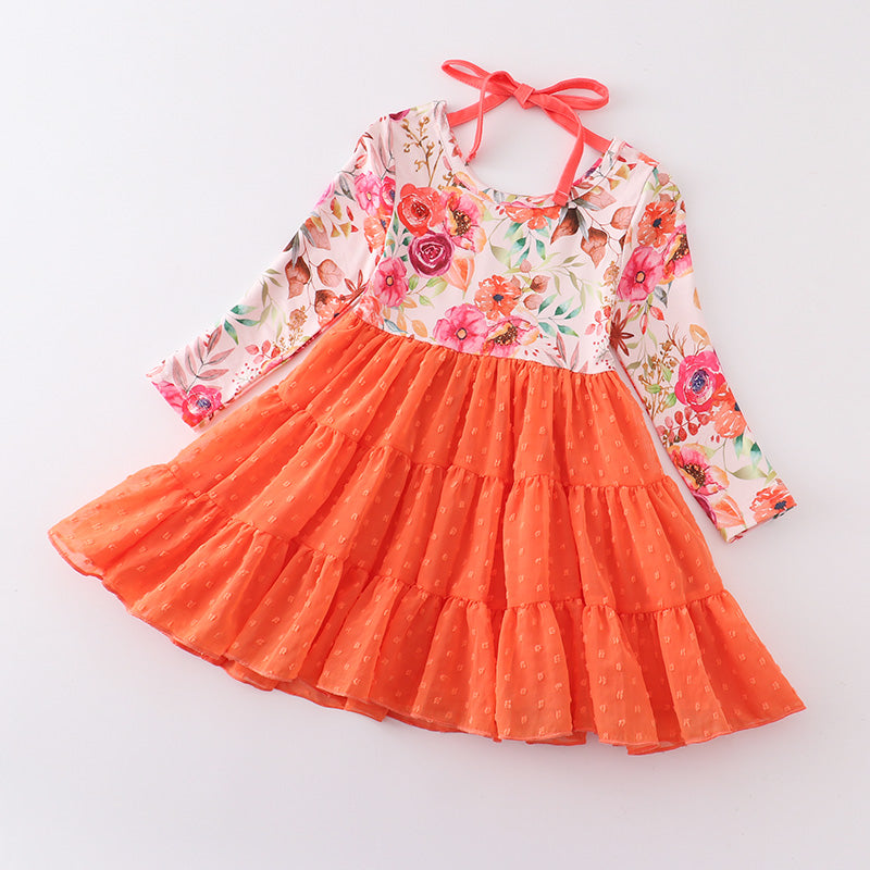 (In Stock E2-6-1)Fall Girls Dress Swiss Dot Floral Tutu Skirt Dress