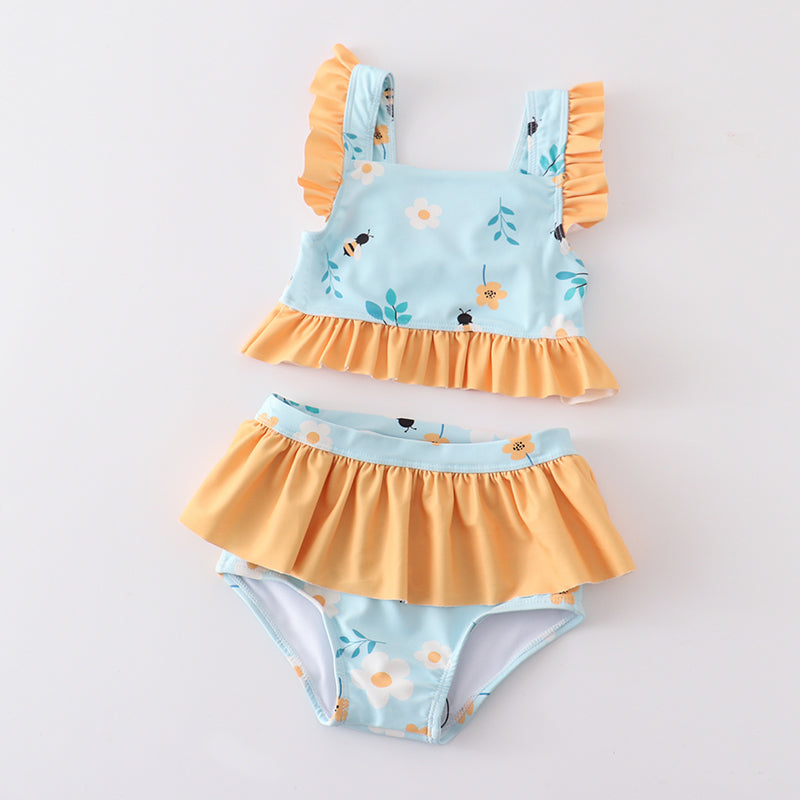 Girls Mint Mustard Bee Floral 2 Piece Swimsuits