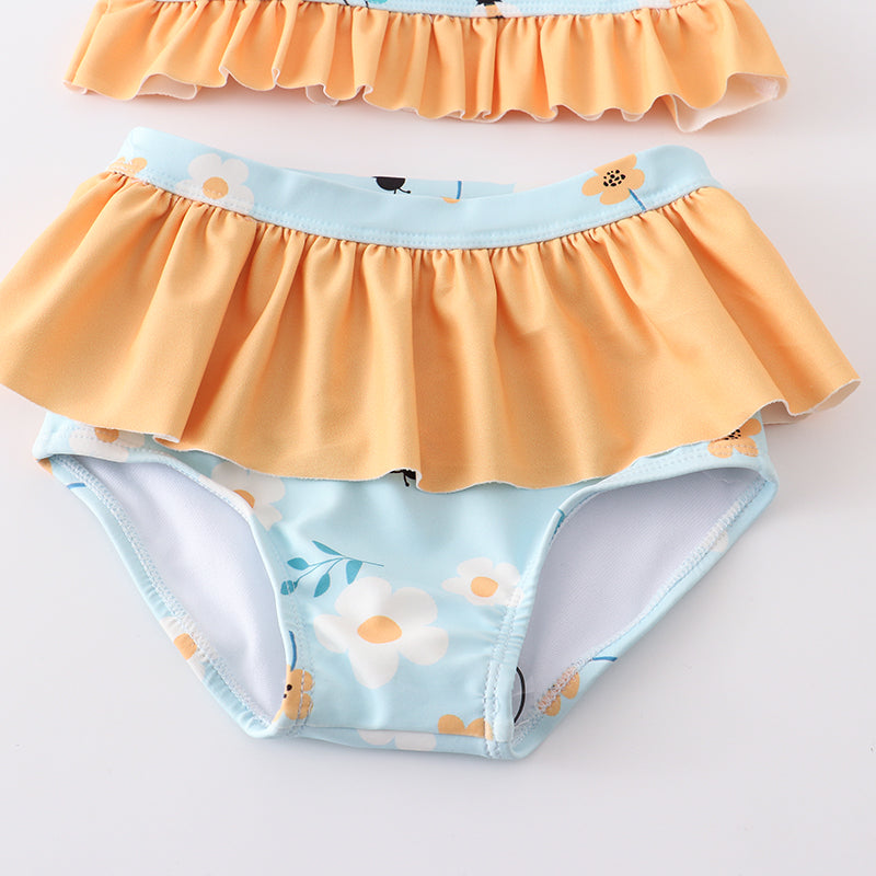 Girls Mint Mustard Bee Floral 2 Piece Swimsuits