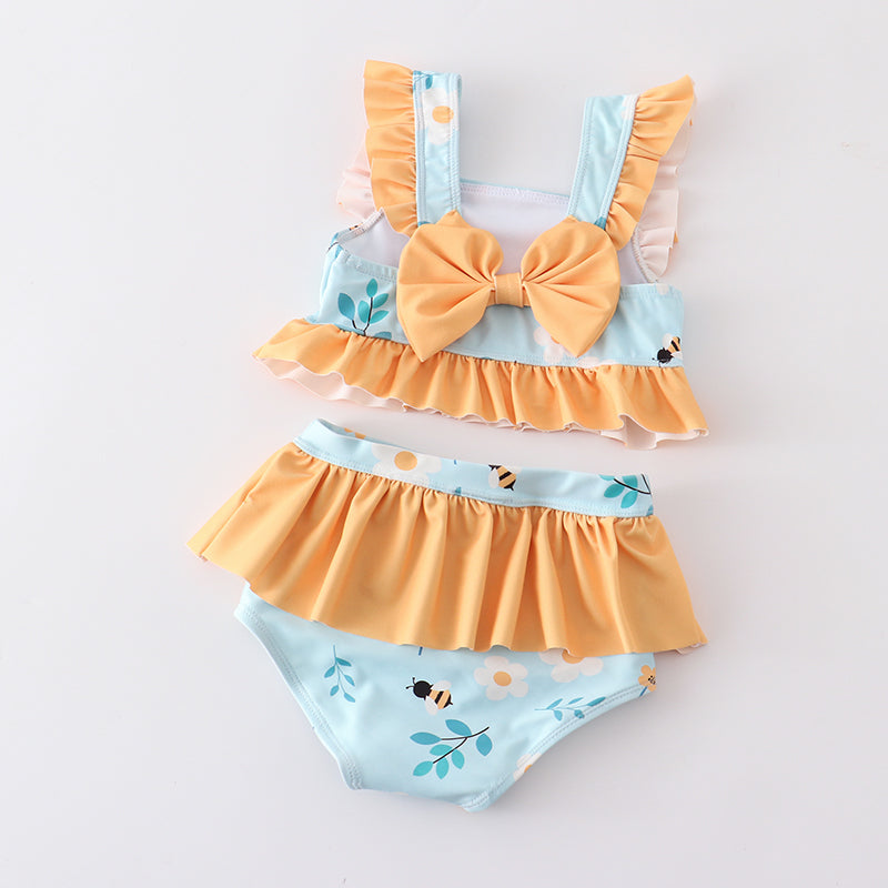 Girls Mint Mustard Bee Floral 2 Piece Swimsuits