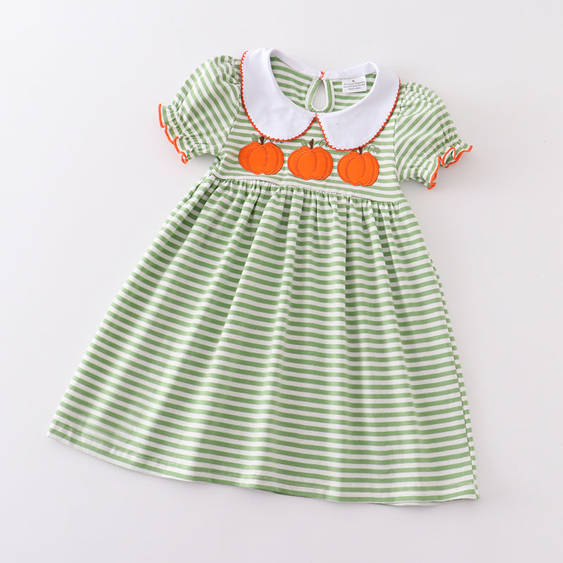 (In Stock E31-02-02)Fall Girls Green Stripe Pumpkin Embroidery Cotton Dress