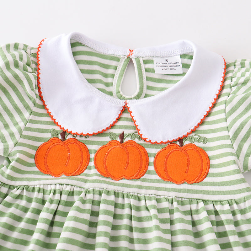 (In Stock E31-02-02)Fall Girls Green Stripe Pumpkin Embroidery Cotton Dress