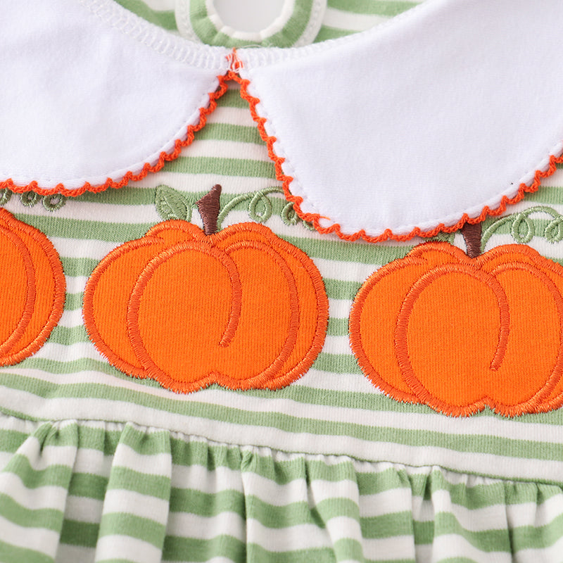 (In Stock E31-02-02)Fall Girls Green Stripe Pumpkin Embroidery Cotton Dress