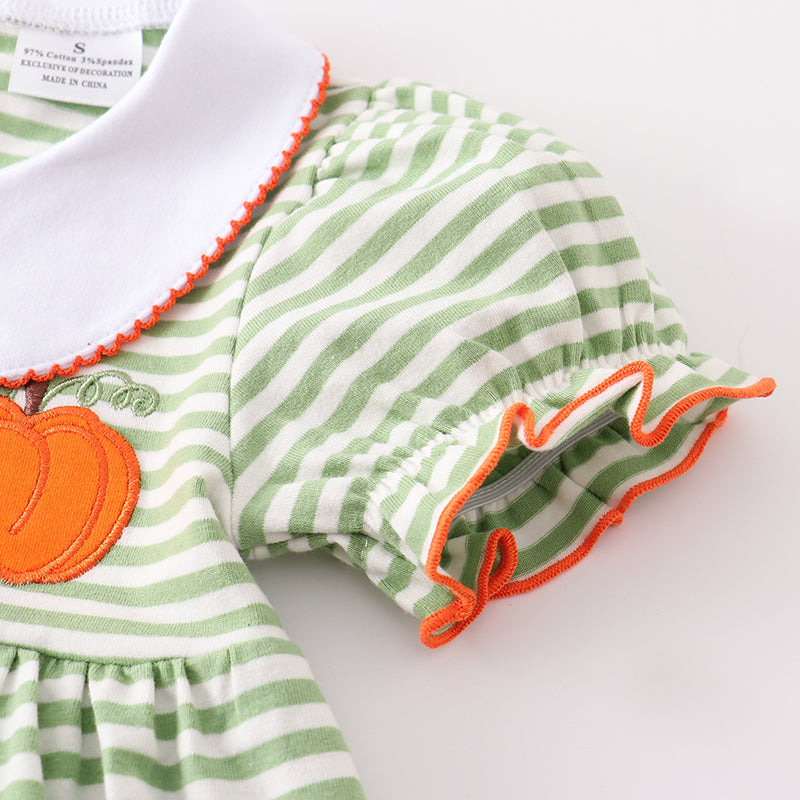 (In Stock E31-02-02)Fall Girls Green Stripe Pumpkin Embroidery Cotton Dress