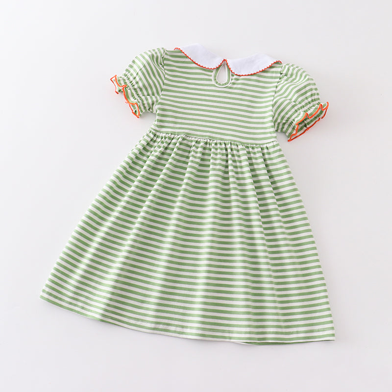 (In Stock E31-02-02)Fall Girls Green Stripe Pumpkin Embroidery Cotton Dress