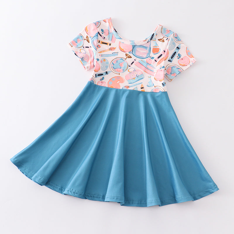 (In Stock E29-01-02 E29-01-02 E29-04-03 )Back To School Print Girls Dress