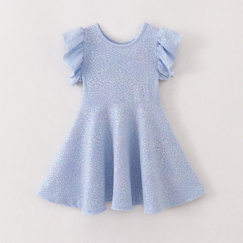 Girls Solid Ruffle Sleeve Embossed Bubble Cloth with Gold Foil Printing Dress