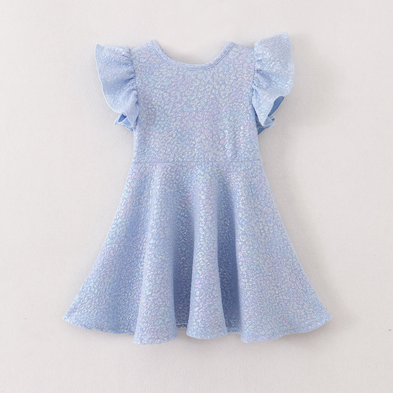 Girls Solid Ruffle Sleeve Embossed Bubble Cloth with Gold Foil Printing Dress