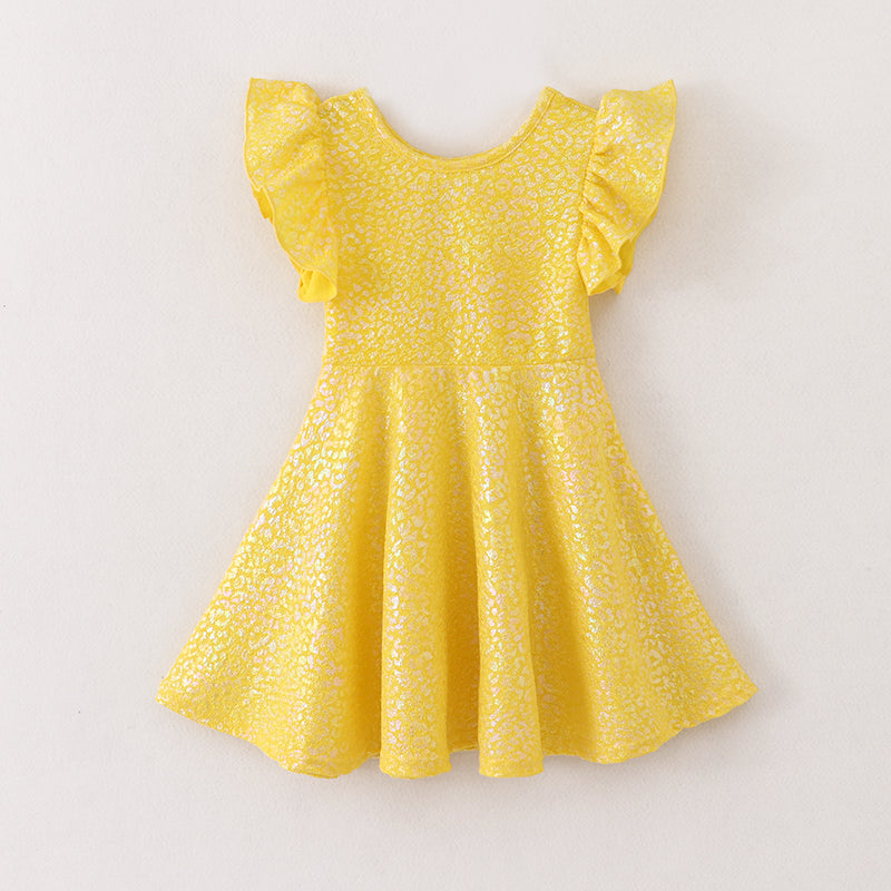 Girls Solid Ruffle Sleeve Embossed Bubble Cloth with Gold Foil Printing Dress