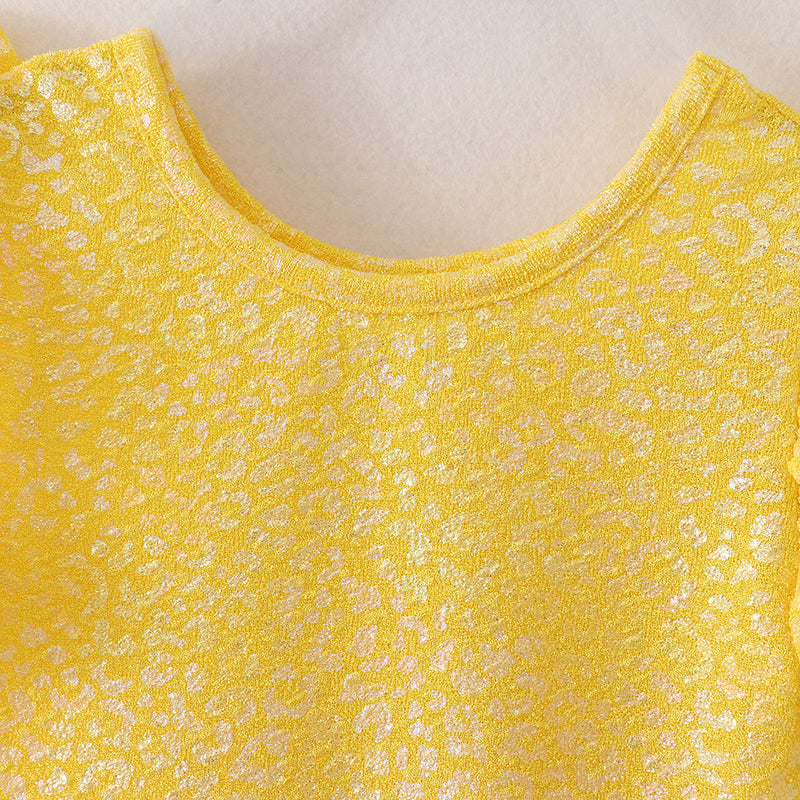 Girls Solid Ruffle Sleeve Embossed Bubble Cloth with Gold Foil Printing Dress