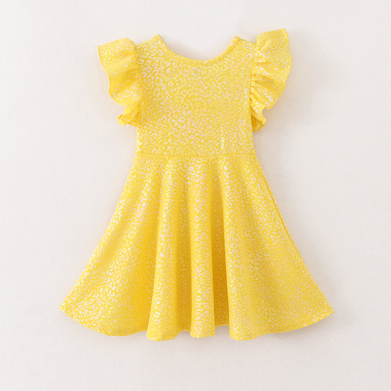 Girls Solid Ruffle Sleeve Embossed Bubble Cloth with Gold Foil Printing Dress