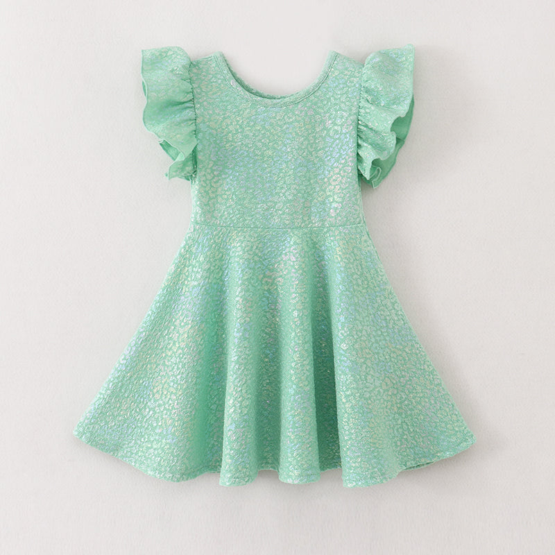 Girls Solid Ruffle Sleeve Embossed Bubble Cloth with Gold Foil Printing Dress