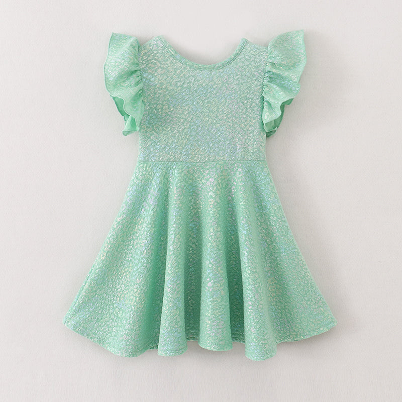 Girls Solid Ruffle Sleeve Embossed Bubble Cloth with Gold Foil Printing Dress