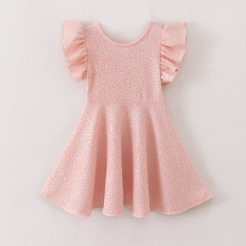 Girls Solid Ruffle Sleeve Embossed Bubble Cloth with Gold Foil Printing Dress