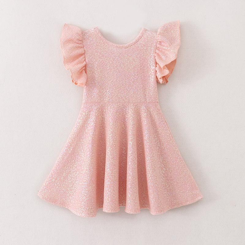 Girls Solid Ruffle Sleeve Embossed Bubble Cloth with Gold Foil Printing Dress