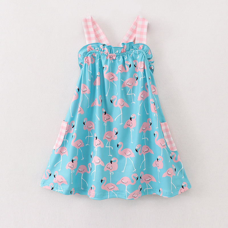 Girls Coral Plaid Flamingo Pocket Dress