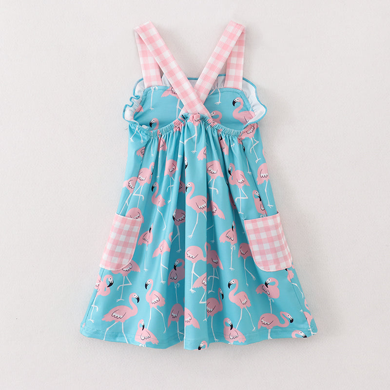 Girls Coral Plaid Flamingo Pocket Dress