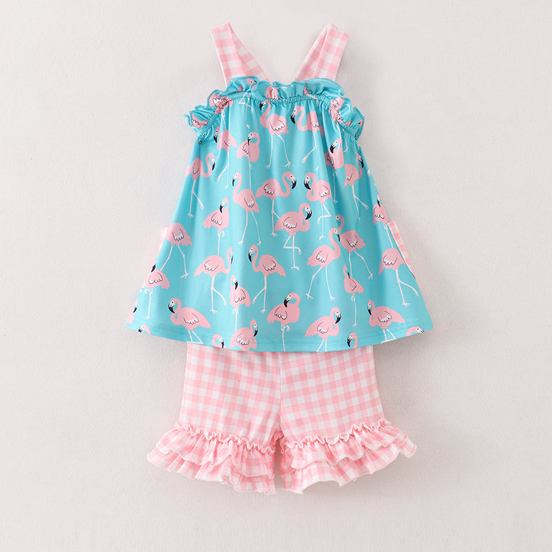 Girls Coral Plaid Flamingo Pocket Shorts Set