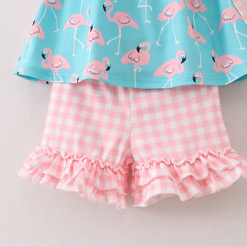 Girls Coral Plaid Flamingo Pocket Shorts Set