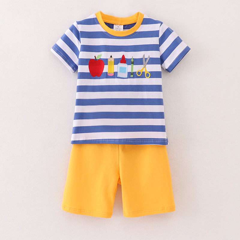 (In Stock E29-01-03)Boys Apple Pencil Embroidery Stripe Top Cotton Short Set