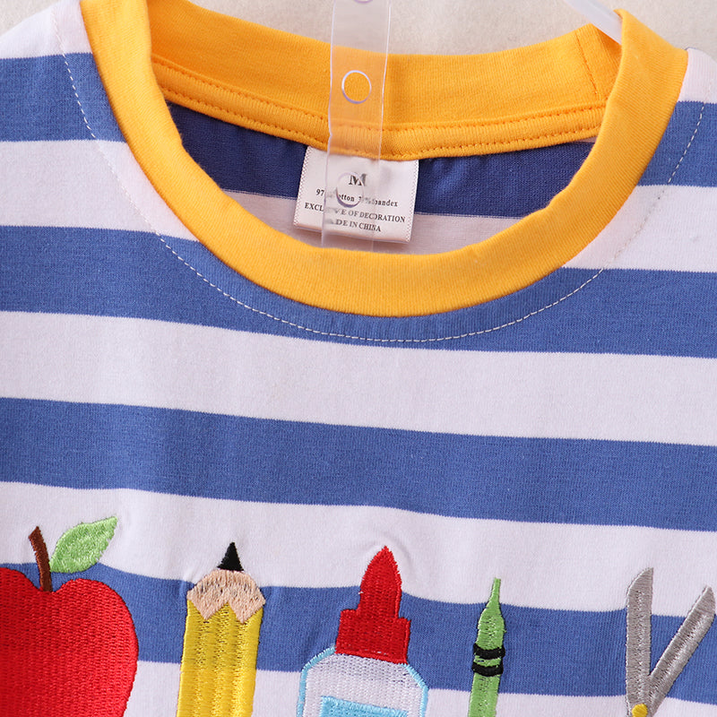 (In Stock E29-01-03)Boys Apple Pencil Embroidery Stripe Top Cotton Short Set