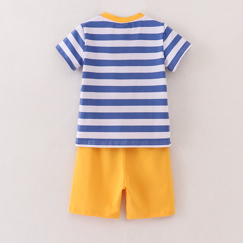 (In Stock E29-01-03)Boys Apple Pencil Embroidery Stripe Top Cotton Short Set