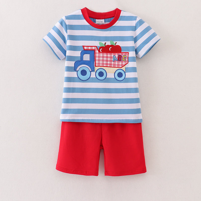 (In Stock E29-03-03)Boys Truck Apple Embroidery Stripe Top Cotton Short Set