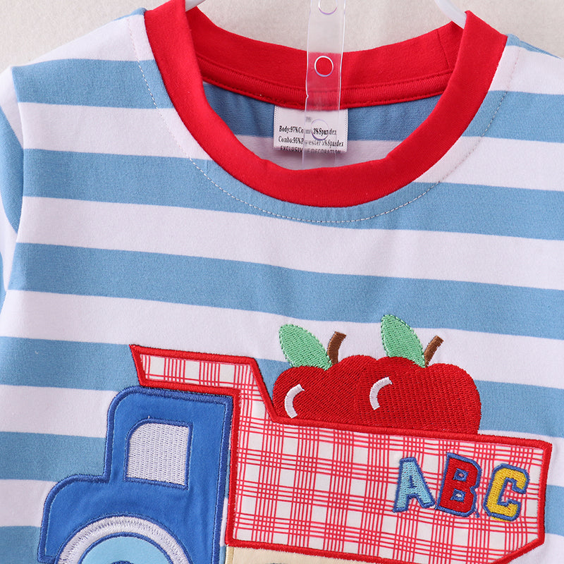 (In Stock E29-03-03)Boys Truck Apple Embroidery Stripe Top Cotton Short Set