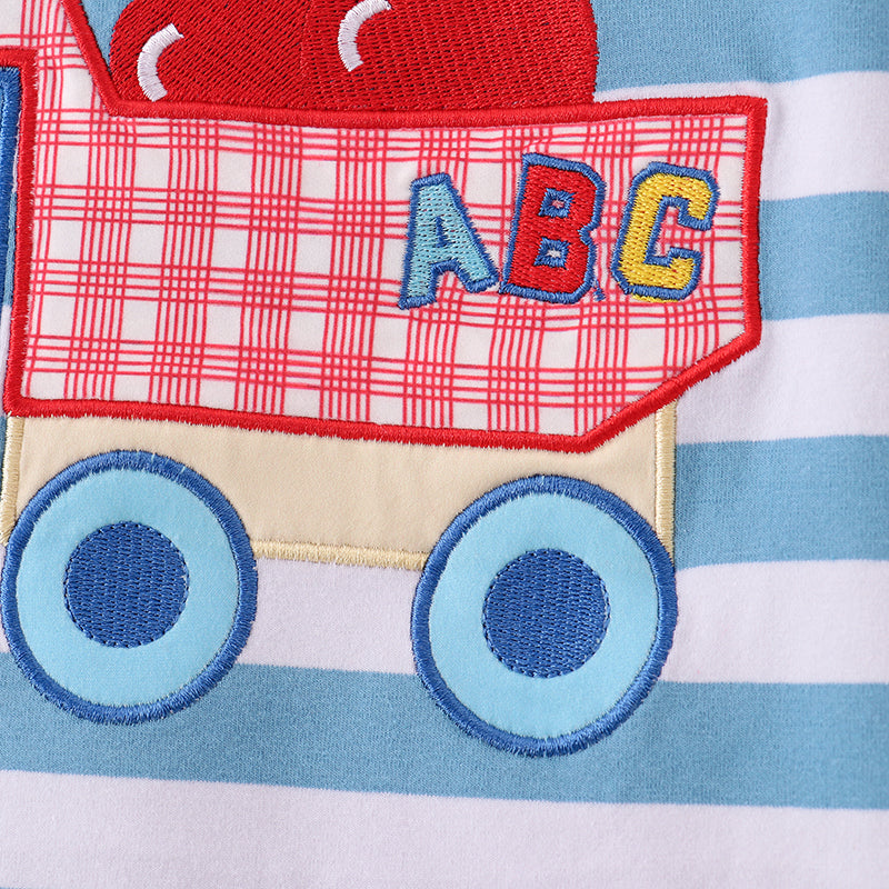 (In Stock E29-03-03)Boys Truck Apple Embroidery Stripe Top Cotton Short Set