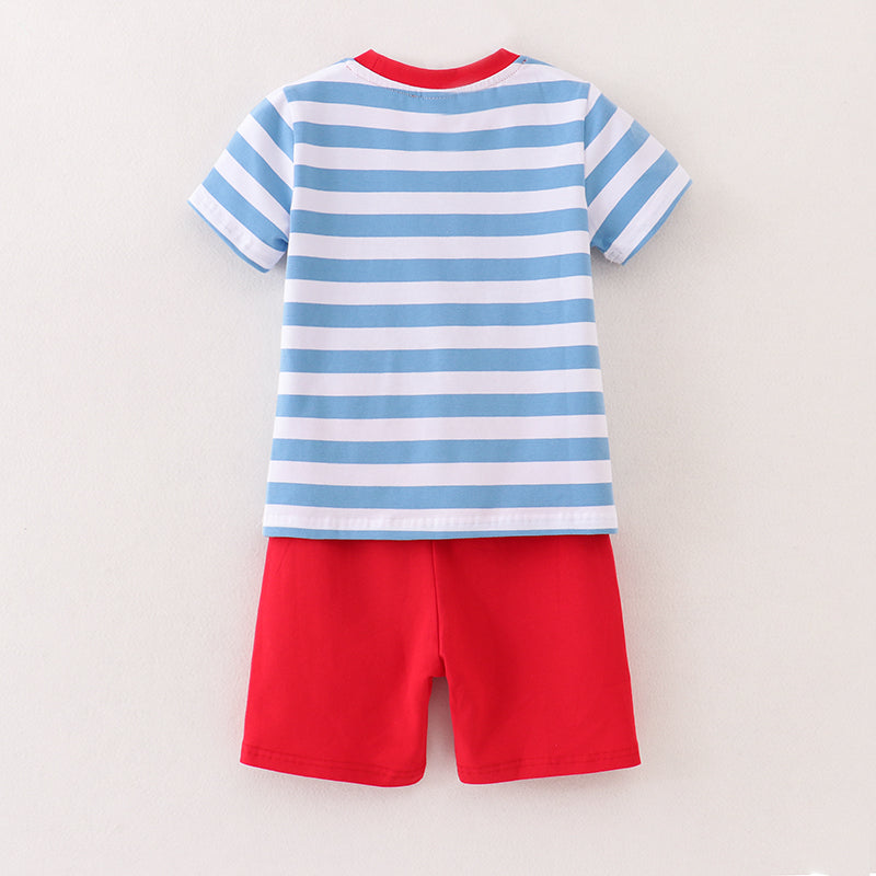 (In Stock E29-03-03)Boys Truck Apple Embroidery Stripe Top Cotton Short Set