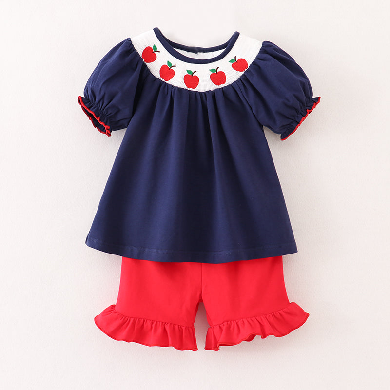 (In Stock E10-05-03)Back To School Navy Apple Embroidery Smocked Short Set