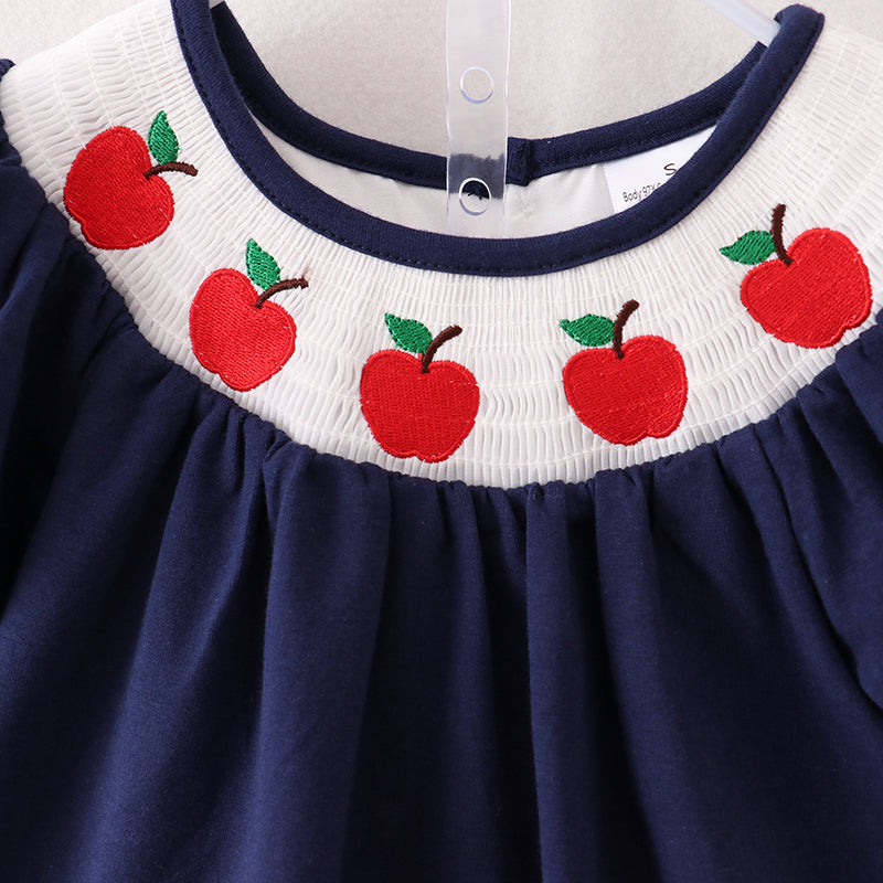 (In Stock E10-05-03)Back To School Navy Apple Embroidery Smocked Short Set